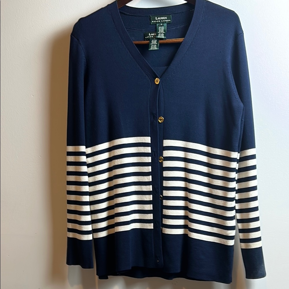 Lauren Ralph Lauren Blue and White Button Down Tank Top with Cardigan - Picture 8 of 16